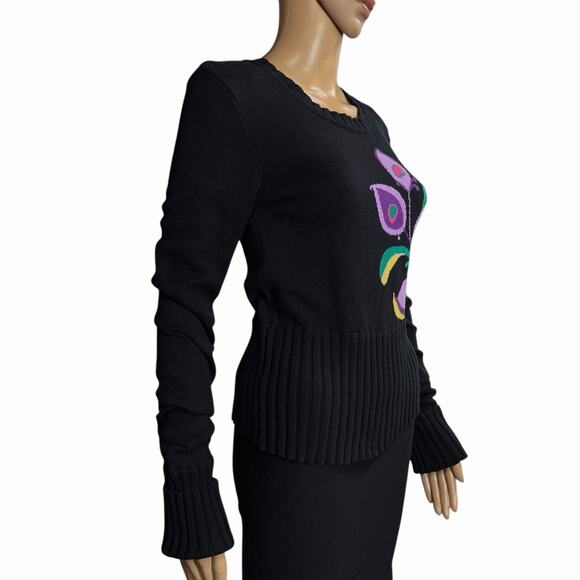 DKNY Jeans Womens Sweater Sz L Slim Fit Black Floral Knit Extra Long Sleeves Y2K - Picture 9 of 10